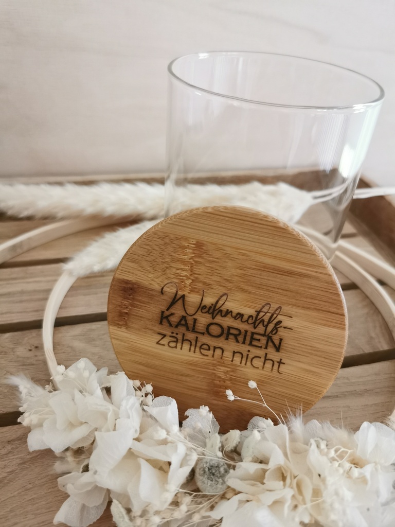 [1455608] Glasdose mit Bambusdeckel gelasert 700ml (Weihnachtskalorien zählen nicht)