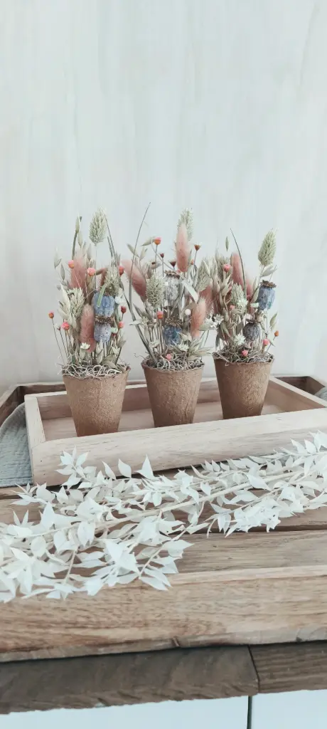 Mini-Trockenblumen im Naturtopf – Boho-Charme